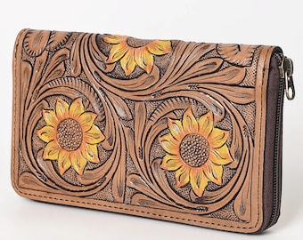 Western Hand Tooled Leather Wallet, Genuine Leather Wallet, Zipper Wallet, Genuine Leather Bag, Western Purse, Luxury Wallet