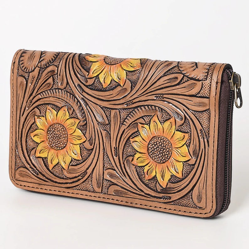 Western Hand Tooled Leather Wallet, Genuine Leather Wallet, Zipper Wallet, Genuine Leather Bag, Western Purse, Luxury Wallet image 1