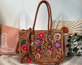 Western Hand Tooled Leather Purse, Conceal Carry Purse, Western Leather Tote Bag, Western Crossbody Purse, Leather Shoulder Bag, Laptop Bag