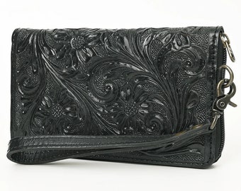 Western Hand Tooled Leather Wallet Purse, Black Leather Wallet, Leather Wristlet, Genuine Leather Bag, Genuine Cowhide Bag