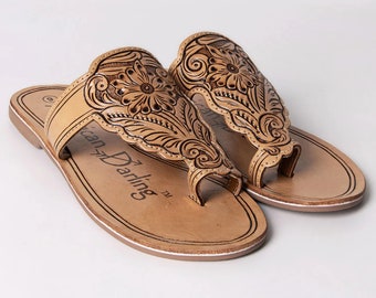 Leather Sandals, Slip On Women Leather Sandals, Hand Tooled Leather Sandals, Strappy Leather Sandals, Buckle Strap, Leather Slide Sandals