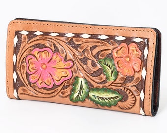 Western Hand Tooled Leather Wallet Purse, Western Buck Stitch Wallet, Leather Clutch, Genuine Leather Hand Painted Wallet