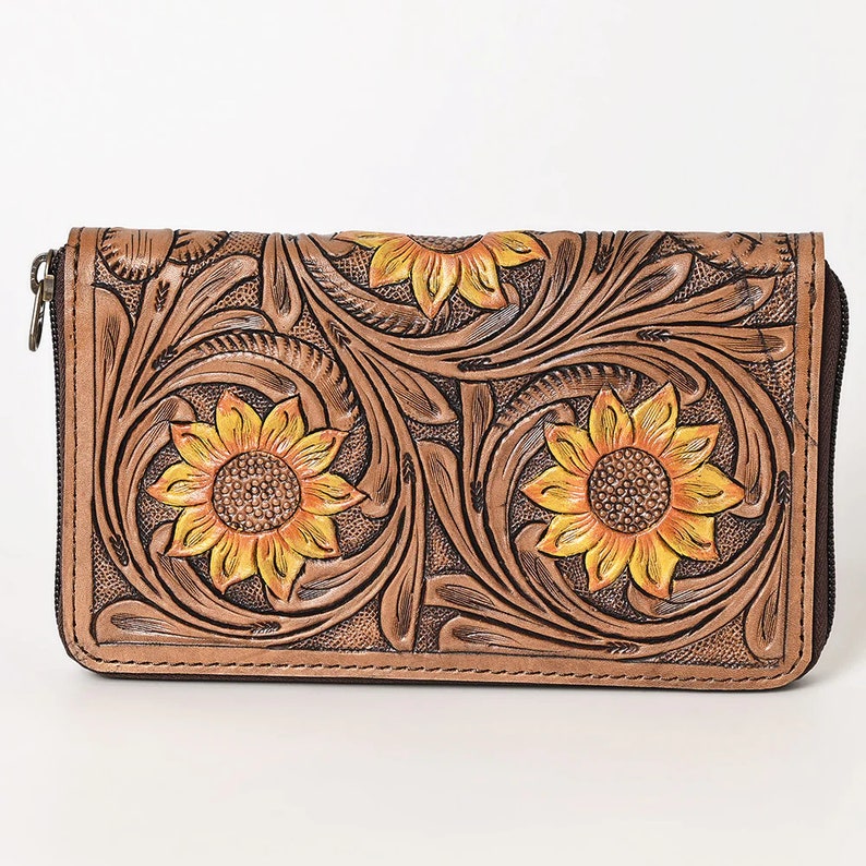 Western Hand Tooled Leather Wallet, Genuine Leather Wallet, Zipper Wallet, Genuine Leather Bag, Western Purse, Luxury Wallet image 3