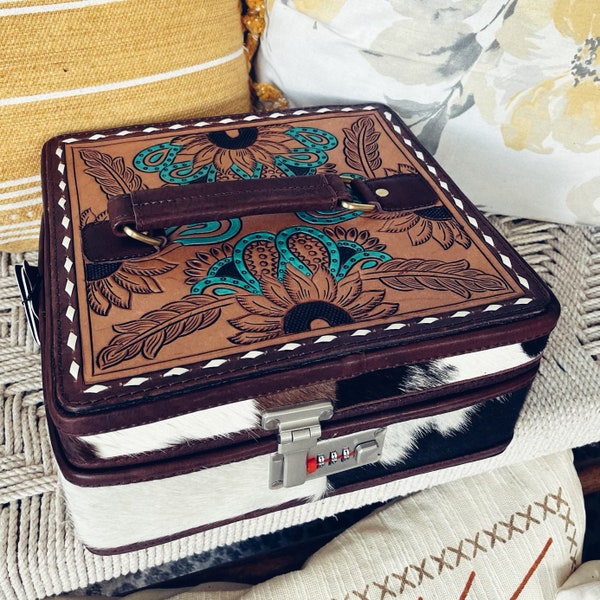 Western Leather Jewelry Case, Hair on Hide Jewelry Holder, Jewelry Box Safe, Locking Cowhide Jewelry Box, Hair On Cowhide Jewelry Box