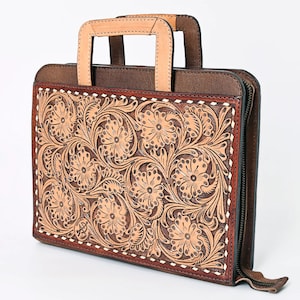 Hand Tooled Leather Briefcase, Western Tote Bag, Hand Tooled Leather Work Bag, Hand Tooled Leather Portfolio, Leather Briefcase Organizer image 1