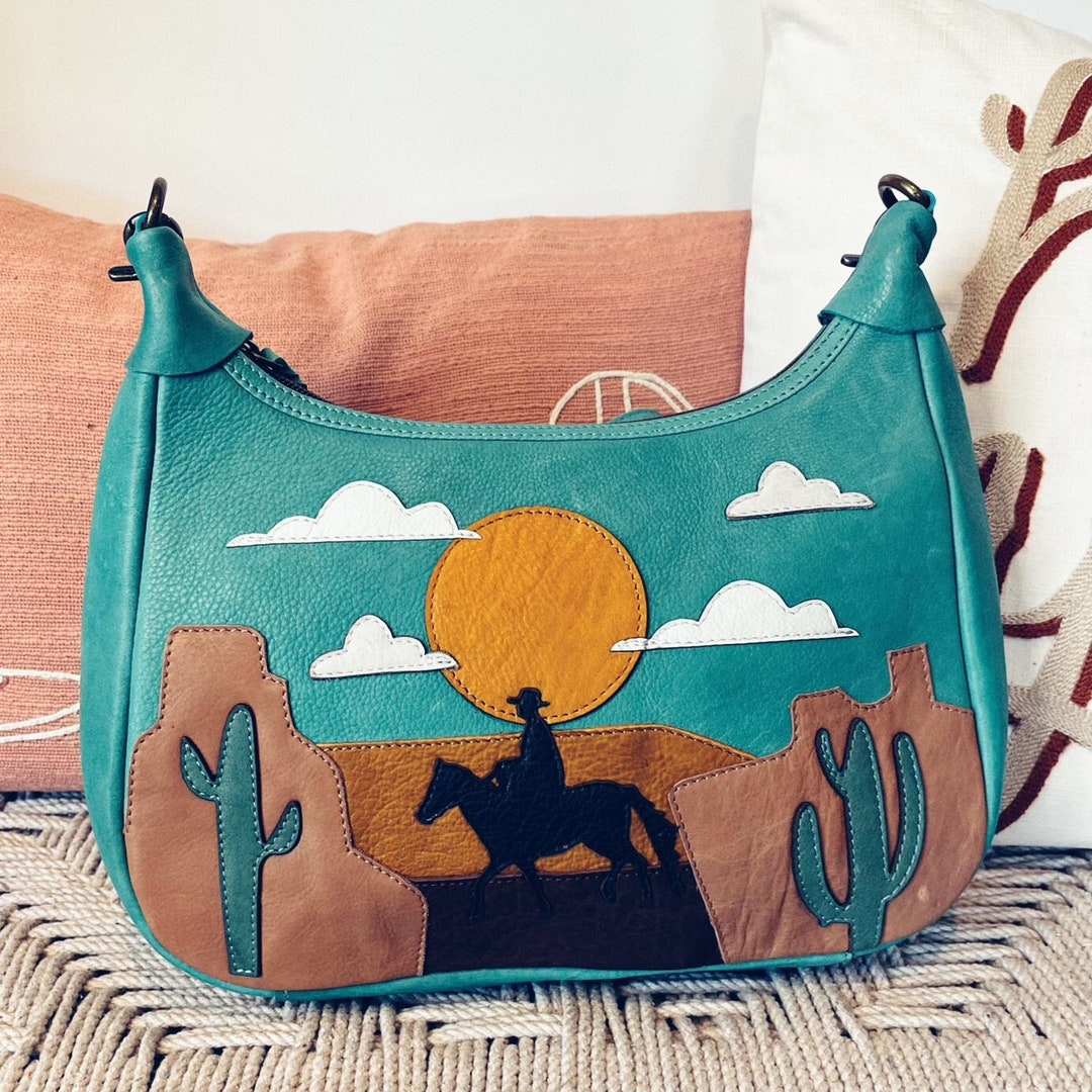 Western Leather Crossbody Purse, Cowhide Purse, Western Scene Purse