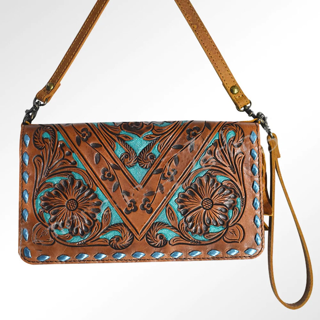 Western Leather Crossbody Wallet, Hand Tooled Leather Wallet, Genuine