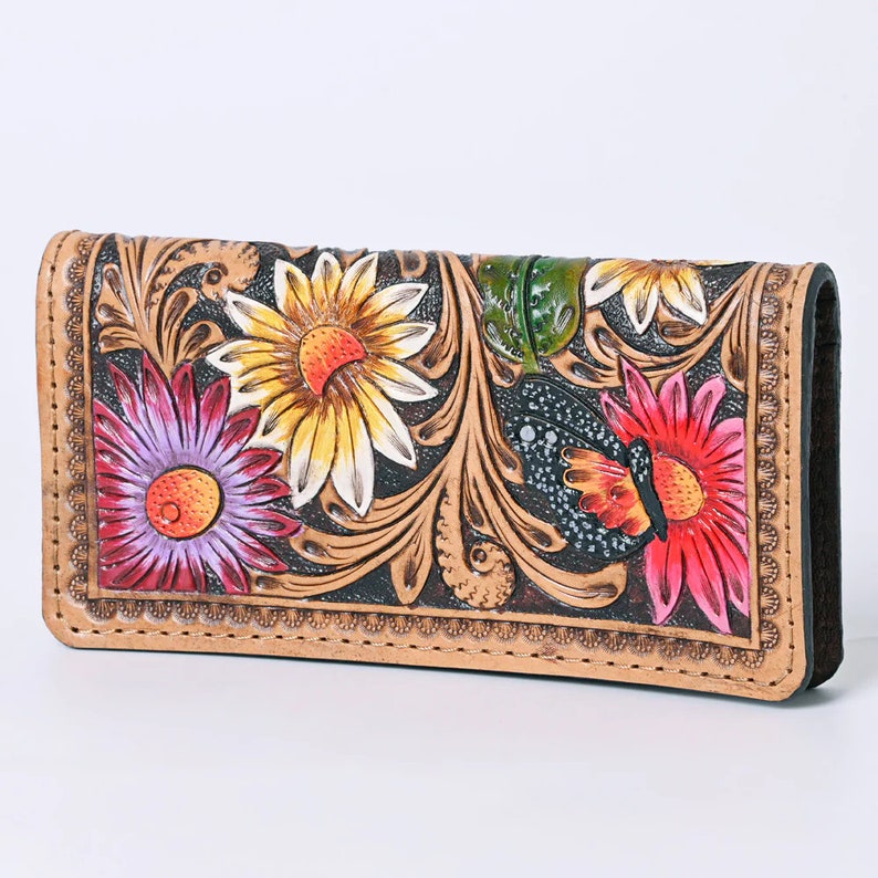 Western Hand Tooled Leather Wallet, Leather Flower Wallet, Genuine Leather Clutch, Western Purse, Luxury Wallet, Hand Painted Leather Wallet image 1