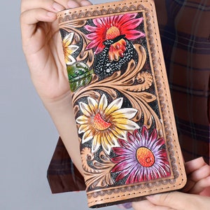 Western Hand Tooled Leather Wallet, Leather Flower Wallet, Genuine Leather Clutch, Western Purse, Luxury Wallet, Hand Painted Leather Wallet image 7