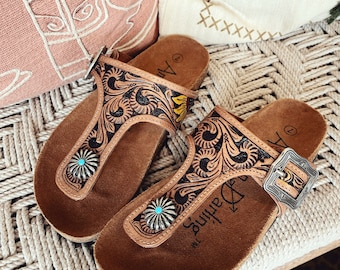 Leather Sandals, Slip On Women Leather Sandals, Hand Tooled Leather Sandals, Strappy Leather Sandals, Buckle Strap Leather Sandals