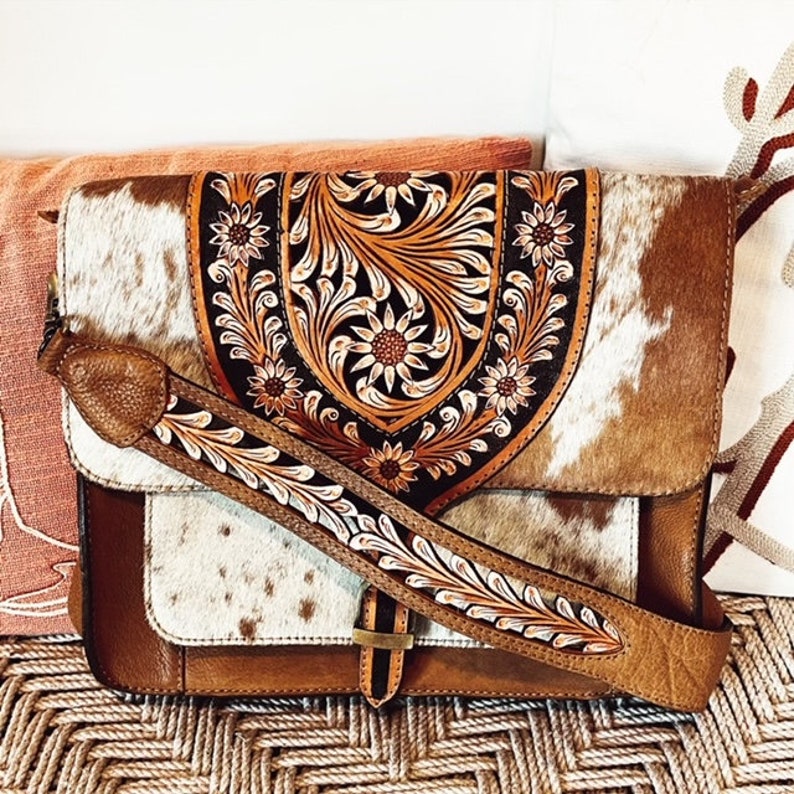 Western Purse, Hand Tooled Leather Purse, Hair On Purse, Cowhide Purse, Genuine Leather Purse, Western Crossbody Purse image 3