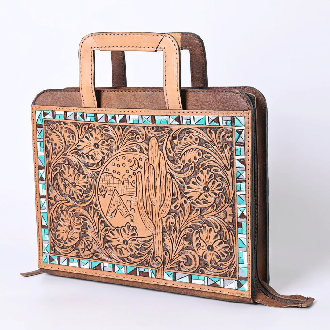 Hand Tooled Leather Briefcase, Western Tote Bag, Hand Tooled Leather