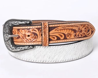 Womens Western Hand Tooled Leather Belt, Rodeo Belt, Embossed Leather Belt, Western Belt, Cowboy Belt, Cowgirl Belt, Hair On Cowhide Belt