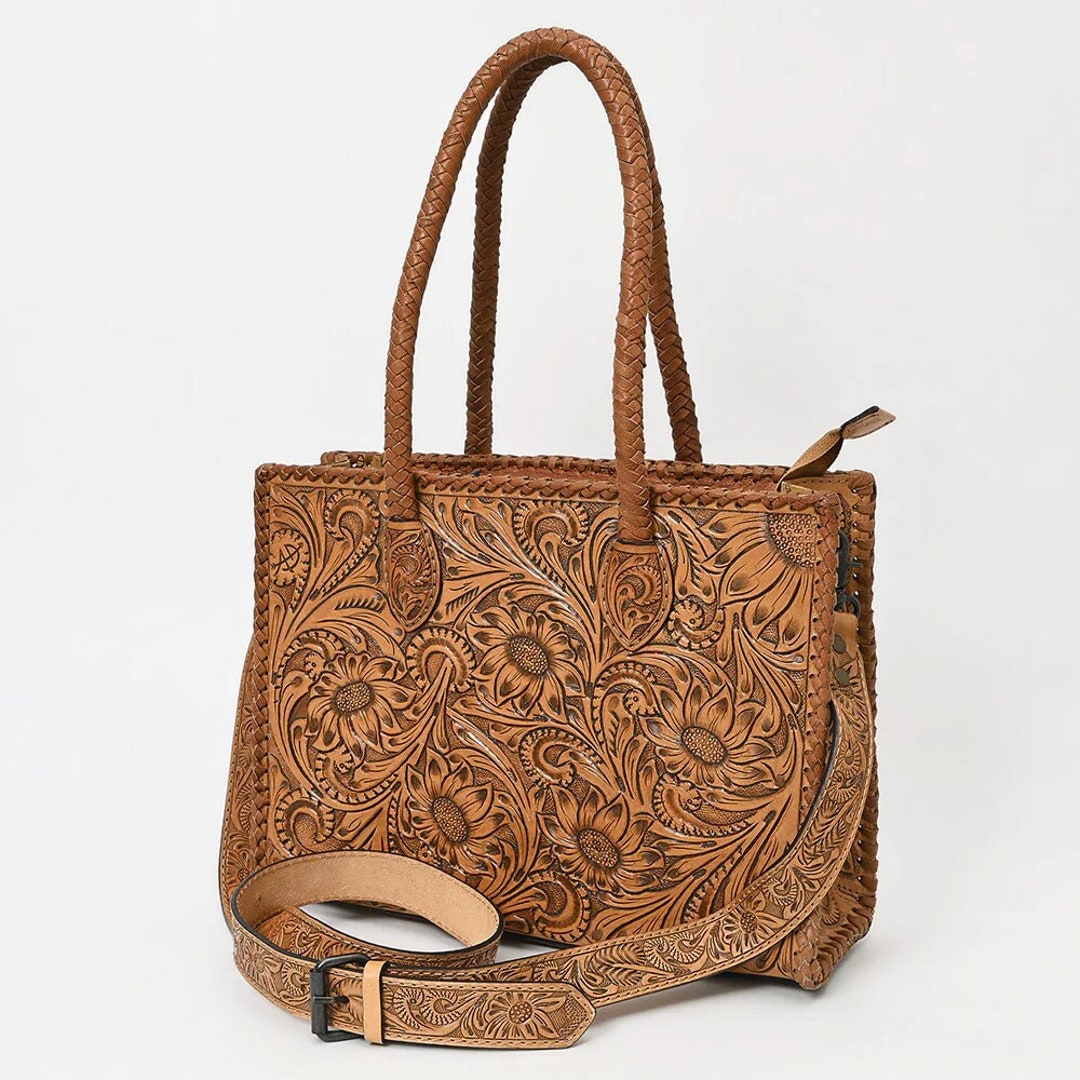 Western Tooled Leather Concealed Carry Purse For Women – Laser Cut Floral Handbag & Wallet Set – Country Style