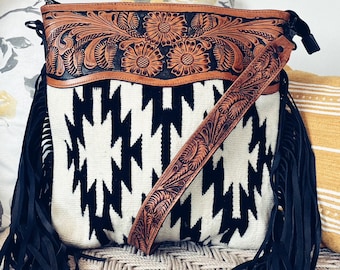 Western Hand Tooled Leather Purse, Fringe Purse, Leather Purse, Saddle Blanket Bag, Conceal Carry Purse, Leather Crossbody, Western Purse