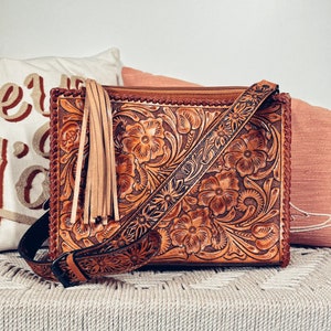 Western Hand Tooled Leather Purse, Western Leather Tote Bag, Genuine Leather Purse, Western Crossbody Purse, Leather Shoulder Bag