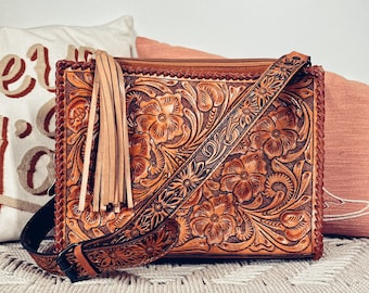 Western Hand Tooled Leather Purse, Western Leather Tote Bag, Genuine Leather Purse, Western Crossbody Purse, Leather Shoulder Bag