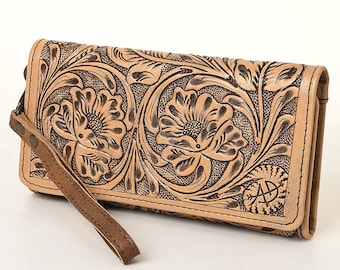 Western Hand Tooled Leather Wallet Purse, Brown Leather Tri Fold Wallet, Genuine Leather Bag, Western Purse, Luxury Wallet