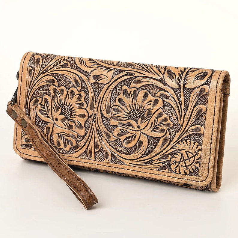 Western Hand Tooled Leather Wallet Purse, Brown Leather Tri Fold Wallet, Genuine Leather Bag, Western Purse, Luxury Wallet image 1