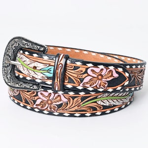 Womens Western Hand Tooled Leather Belt, Rodeo Belt, Embossed Leather Belt, Western Belt, Cowboy Belt, Cowgirl Belt, Studded Handmade Belt image 2