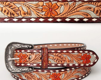 Womens Western Hand Tooled Leather Belt, Rodeo Belt, Embossed Leather Belt, Western Belt, Cowboy Belt, Cowgirl Belt, Studded Handmade Belt