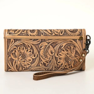 Western Hand Tooled Leather Wallet Purse, Brown Leather Tri Fold Wallet, Genuine Leather Bag, Western Purse, Luxury Wallet image 3