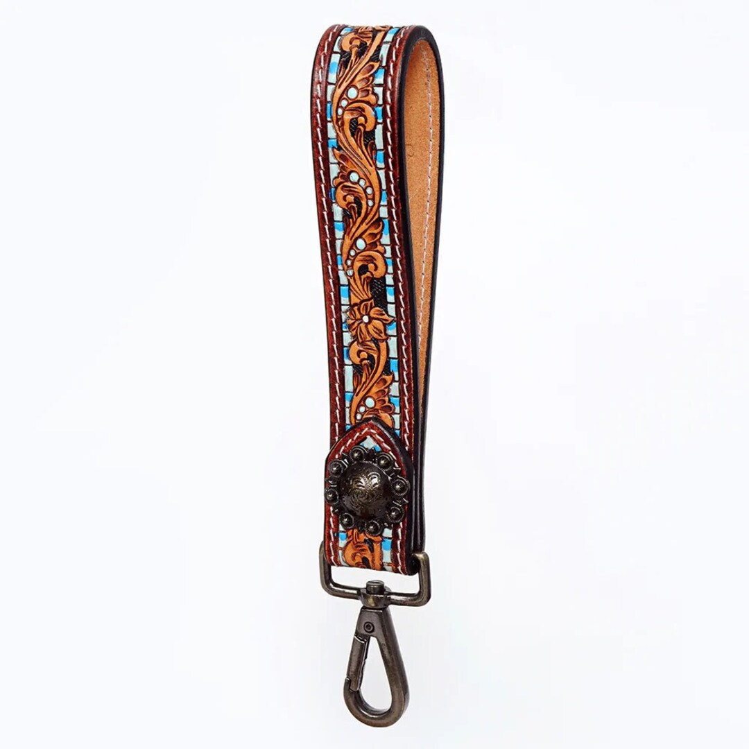 Western Hand Tooled Leather Purse Wrist Strap, Cowhide Wristlet Strap, Genuine Leather Purse