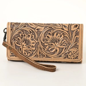 Western Hand Tooled Leather Wallet Purse, Brown Leather Tri Fold Wallet, Genuine Leather Bag, Western Purse, Luxury Wallet image 2