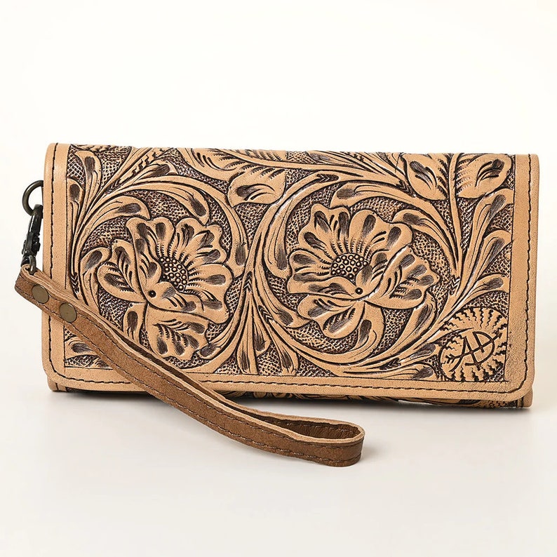 Western Hand Tooled Leather Wallet Purse, Brown Leather Tri Fold Wallet, Genuine Leather Bag, Western Purse, Luxury Wallet image 2