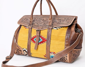 Western Leather Duffel, Genuine Leather Duffel, Aztec Southwest Weekender Duffle, Weekender Travel Duffel, Leather Duffle, Leather Duffel