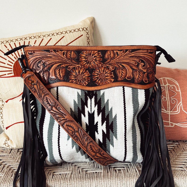 Western Hand Tooled Leather Purse, Concealed Carry Purse, Cowhide Purse, Saddle Blanket Bag, Genuine Cowhide, Western Purse, Leather Fringe image 1