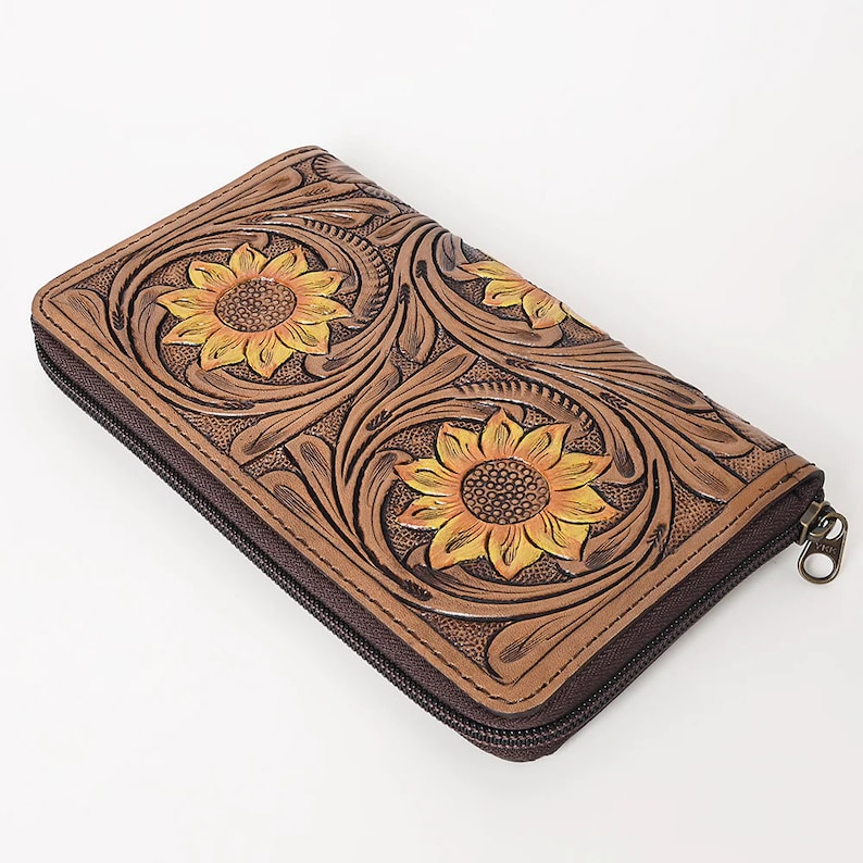 Western Hand Tooled Leather Wallet, Genuine Leather Wallet, Zipper Wallet, Genuine Leather Bag, Western Purse, Luxury Wallet image 4