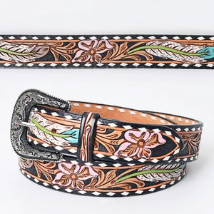 Womens Western Hand Tooled Leather Belt, Rodeo Belt, Embossed Leather Belt, Western Belt, Cowboy Belt, Cowgirl Belt, Studded Handmade Belt image 1