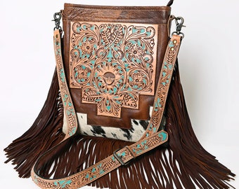 Western Leather Purse, Western Purse, Cowhide Hair On Purse,  Genuine Cowhide handbag, Sunflower leather Fringe Purse