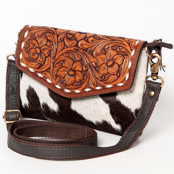 Luna Moth and Strawberries - Leather Feathers - Tooled Leather Crossbody  Purse - Lotus Leather