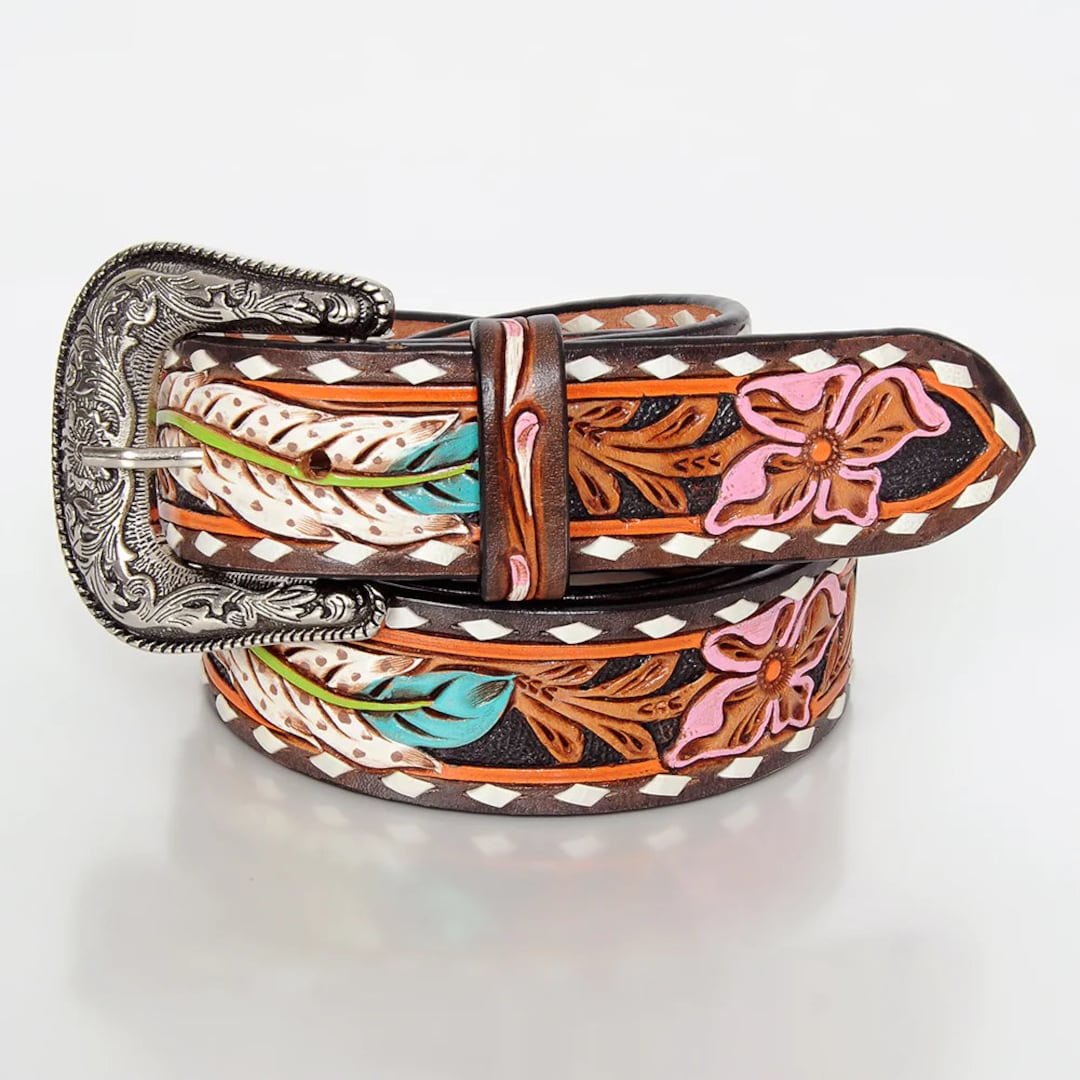 Womens Western Hand Tooled Leather Belt, Rodeo Belt, Embossed Leather