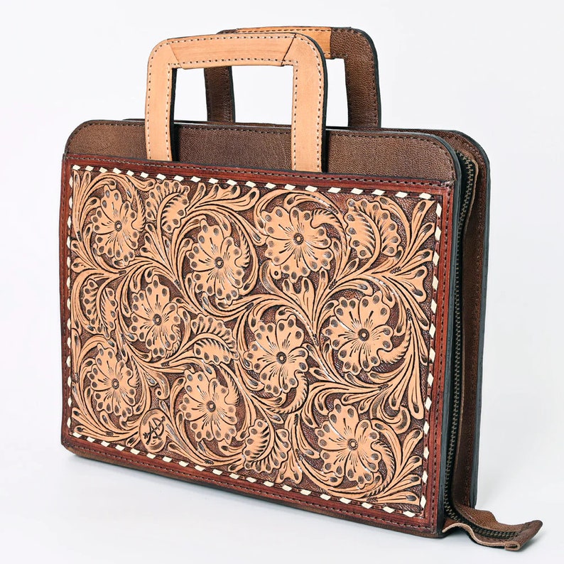 Hand Tooled Leather Briefcase, Western Tote Bag, Hand Tooled Leather Work Bag, Hand Tooled Leather Portfolio, Leather Briefcase Organizer image 10