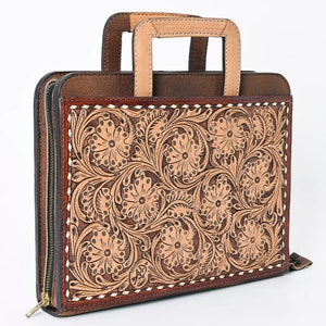 Hand Tooled Leather Briefcase, Western Tote Bag, Hand Tooled Leather Work Bag, Hand Tooled Leather Portfolio, Leather Briefcase Organizer image 8