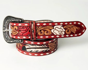 Womens Western Hand Tooled Leather Belt, Rodeo Belt, Embossed Leather Belt, Western Belt, Cowboy Belt, Cowgirl Belt, Studded Handmade Belt