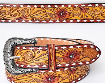 Womens Western Hand Tooled Leather Belt, Rodeo Belt, Embossed Leather Belt, Western Belt, Cowboy Belt, Cowgirl Belt, Studded Handmade Belt