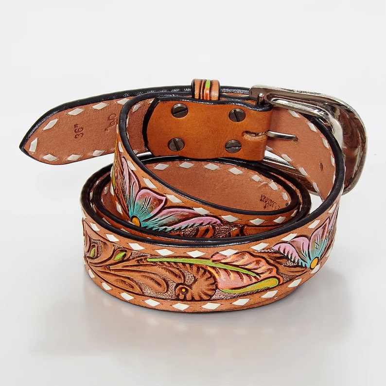 Womens Western Hand Tooled Leather Belt, Rodeo Belt, Embossed Leather Belt, Western Belt, Cowboy Belt, Cowgirl Belt, Studded Handmade Belt 画像 2