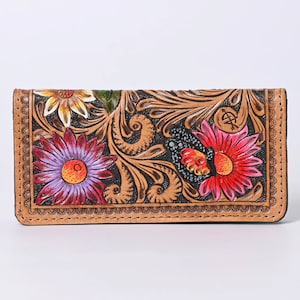 Western Hand Tooled Leather Wallet, Leather Flower Wallet, Genuine Leather Clutch, Western Purse, Luxury Wallet, Hand Painted Leather Wallet image 4