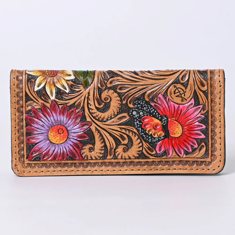Western Hand Tooled Leather Wallet, Leather Flower Wallet, Genuine Leather Clutch, Western Purse, Luxury Wallet, Hand Painted Leather Wallet image 4