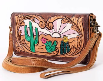 Western Purse Wallet Crossbody, Hand Tooled Leather Strap, Aztec Purse, Southwest Saddle Blanket, Genuine Leather, Organizer Wallet