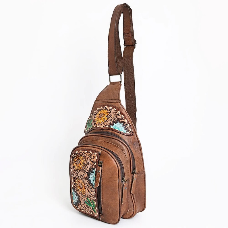 Leather Sling Bag Women, Leather Sling Backpack Purse, Leather Backpack, Western Purse, Hand Tooled Leather Sling Purse image 7