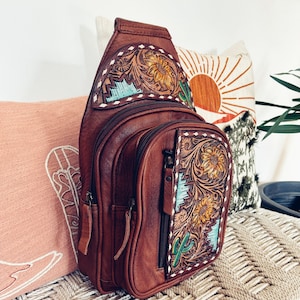 Leather Sling Bag Women, Leather Sling Backpack Purse, Leather Backpack, Western Purse, Hand Tooled Leather Sling Purse image 1