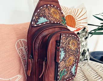 Leather Sling Bag Women, Leather Sling Backpack Purse, Leather Backpack, Western Purse, Hand Tooled Leather Sling Purse