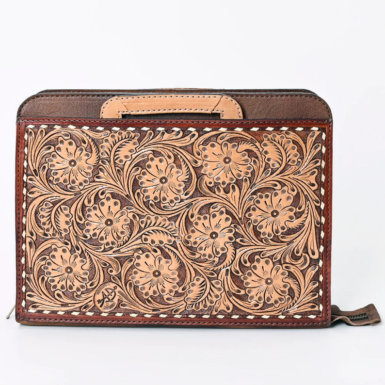 Hand Tooled Leather Briefcase, Western Tote Bag, Hand Tooled Leather Work Bag, Hand Tooled Leather Portfolio, Leather Briefcase Organizer image 3