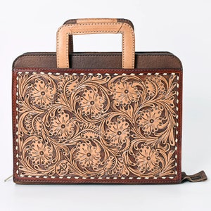 Hand Tooled Leather Briefcase, Western Tote Bag, Hand Tooled Leather Work Bag, Hand Tooled Leather Portfolio, Leather Briefcase Organizer image 2