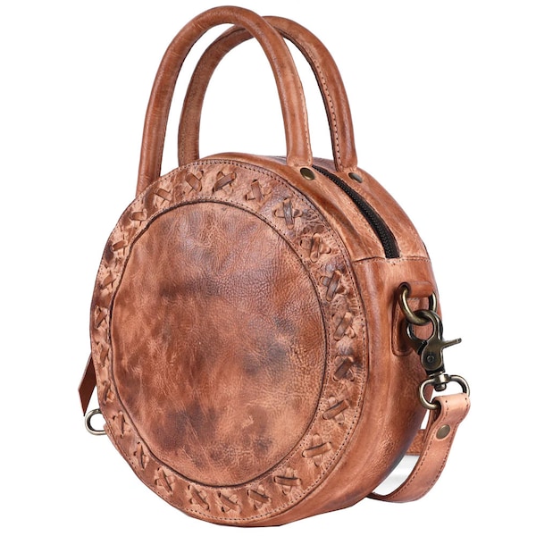 Full Grain Leather Canteen Purse, Western Leather Purse, Cowhide Leather Purse, Western Crossbody Purse, Round Purse